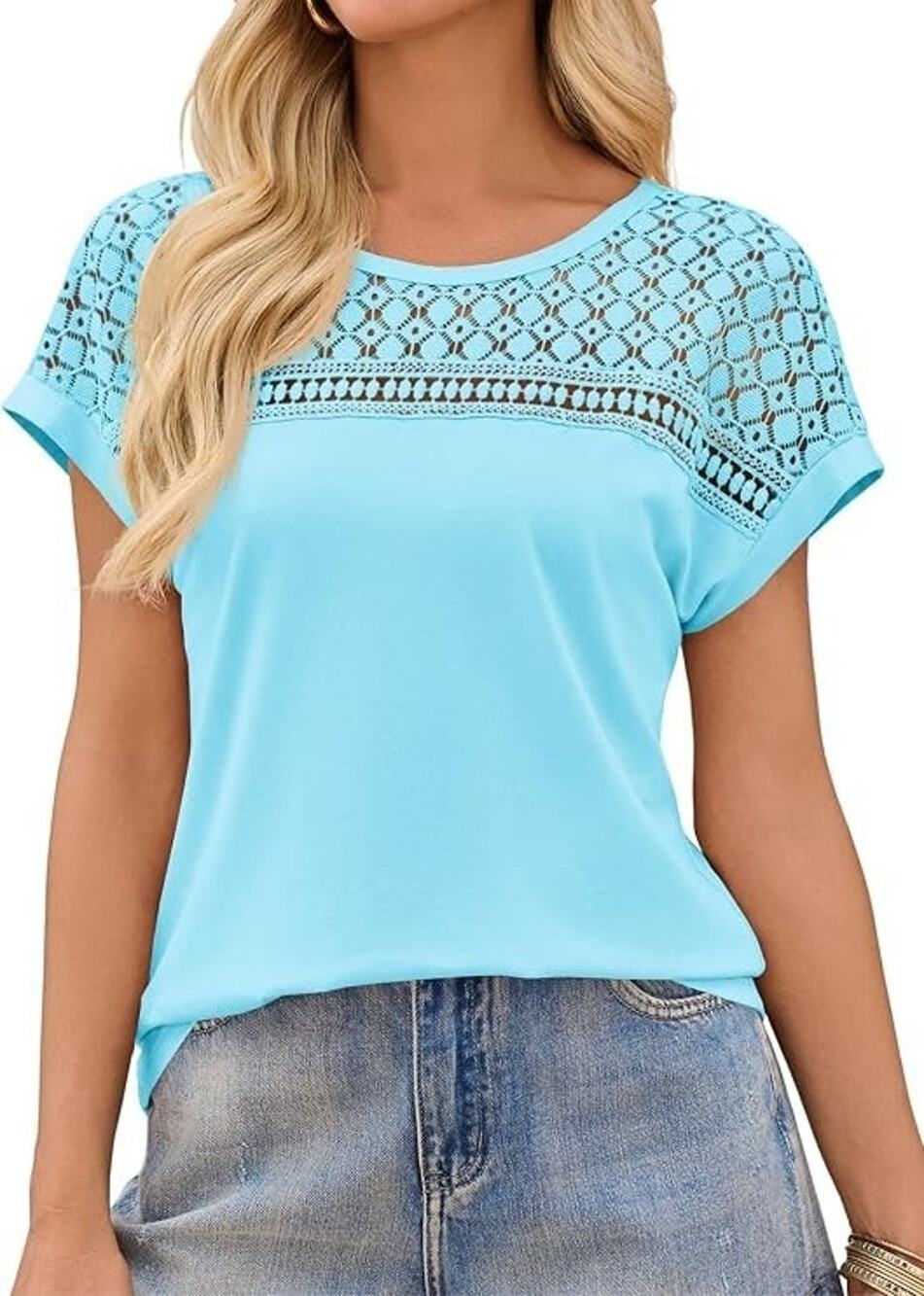 Imily Bela Women Lace Short Sleeve Blouse Blue Green Hollow Out Summer Top New